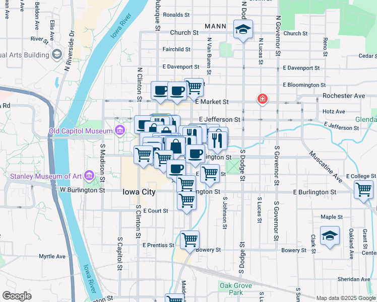 map of restaurants, bars, coffee shops, grocery stores, and more near 410 East Washington Street in Iowa City