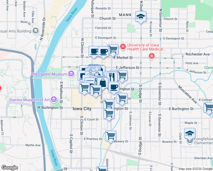 map of restaurants, bars, coffee shops, grocery stores, and more near 4 South Linn Street in Iowa City
