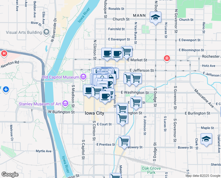map of restaurants, bars, coffee shops, grocery stores, and more near 4 South Dubuque Street in Iowa City