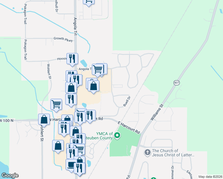 map of restaurants, bars, coffee shops, grocery stores, and more near Regency Drive in Angola