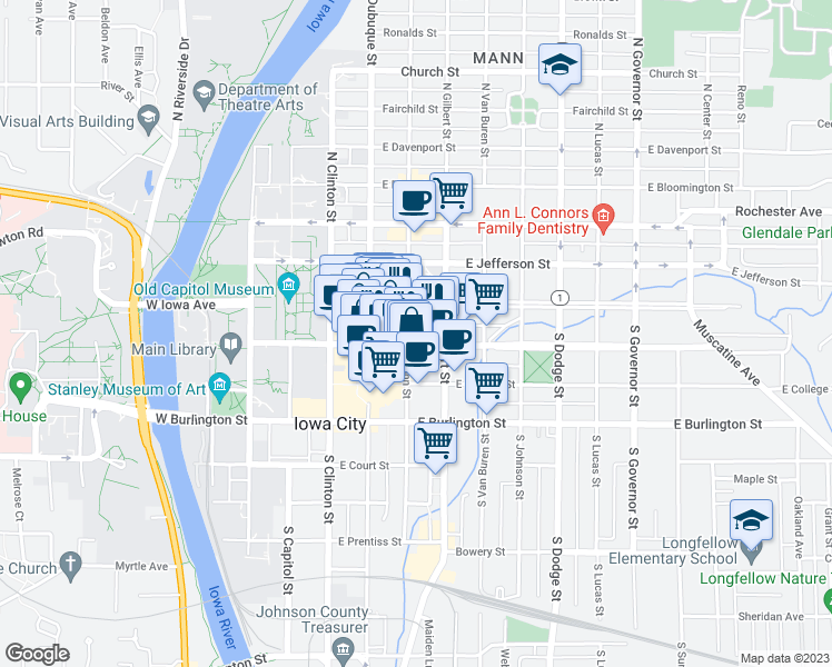 map of restaurants, bars, coffee shops, grocery stores, and more near 28 South Linn Street in Iowa City