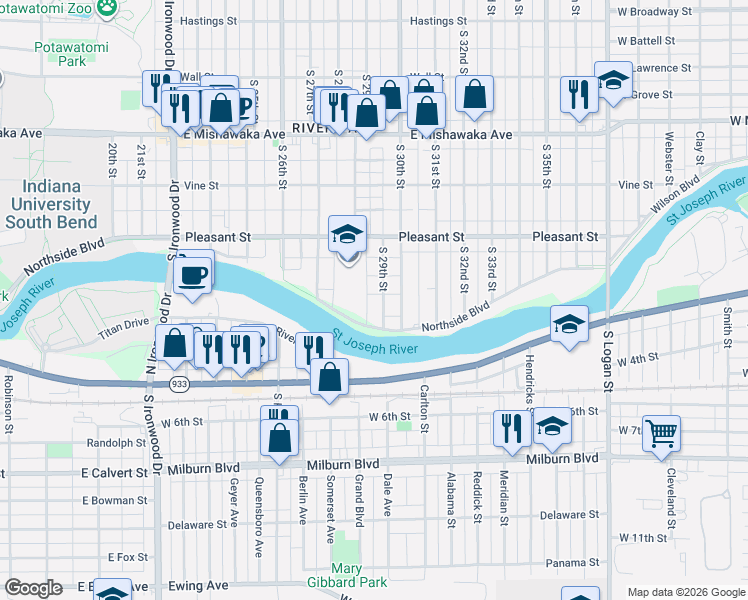 map of restaurants, bars, coffee shops, grocery stores, and more near 1317 South 29th Street in South Bend