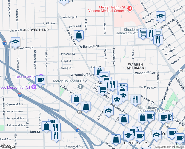 map of restaurants, bars, coffee shops, grocery stores, and more near in Toledo