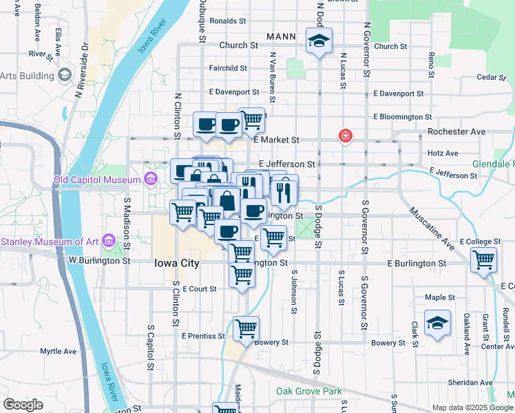 map of restaurants, bars, coffee shops, grocery stores, and more near 410 East Washington Street in Iowa City