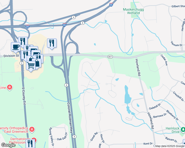 map of restaurants, bars, coffee shops, grocery stores, and more near 100 Red Barn Lane in East Greenwich