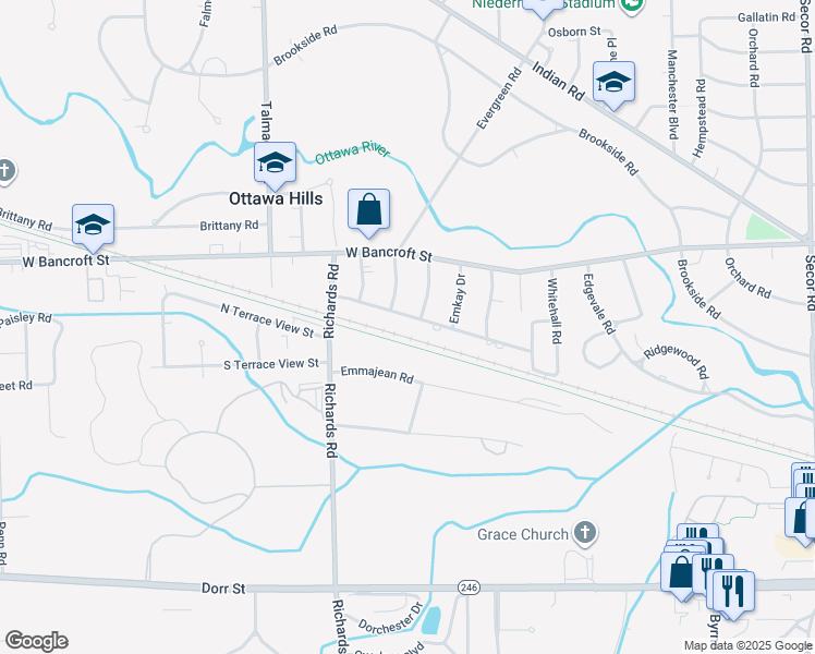 map of restaurants, bars, coffee shops, grocery stores, and more near 2118 Evergreen Road in Toledo