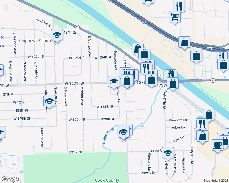 map of restaurants, bars, coffee shops, grocery stores, and more near 5601 West 127th Street in Crestwood