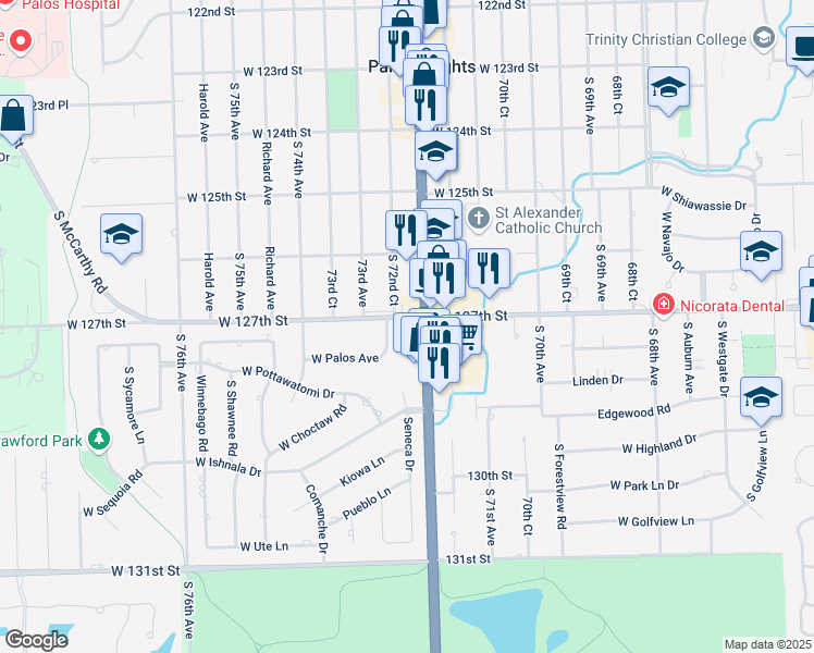 map of restaurants, bars, coffee shops, grocery stores, and more near in Palos Heights