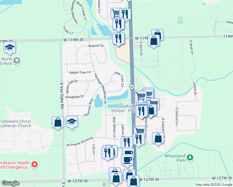 map of restaurants, bars, coffee shops, grocery stores, and more near 24050 Pear Tree Circle in Plainfield