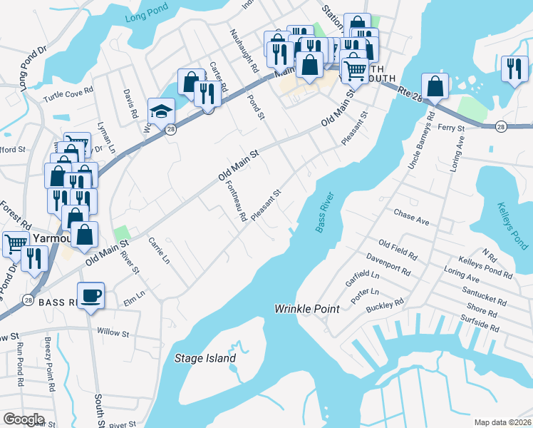 map of restaurants, bars, coffee shops, grocery stores, and more near 147 Pleasant Street in Yarmouth