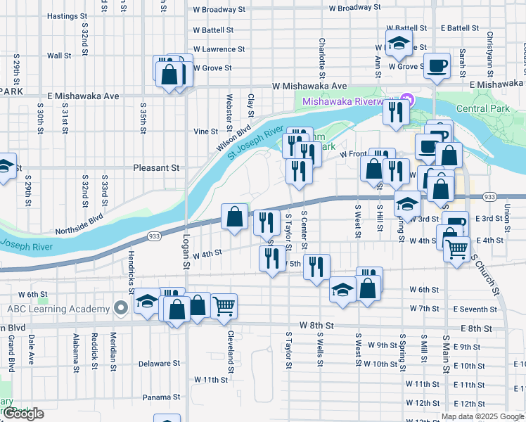 map of restaurants, bars, coffee shops, grocery stores, and more near 900 Lincolnway West in Mishawaka