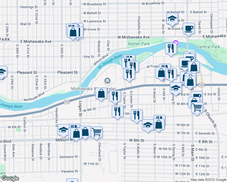 map of restaurants, bars, coffee shops, grocery stores, and more near 900 Lincolnway West in Mishawaka
