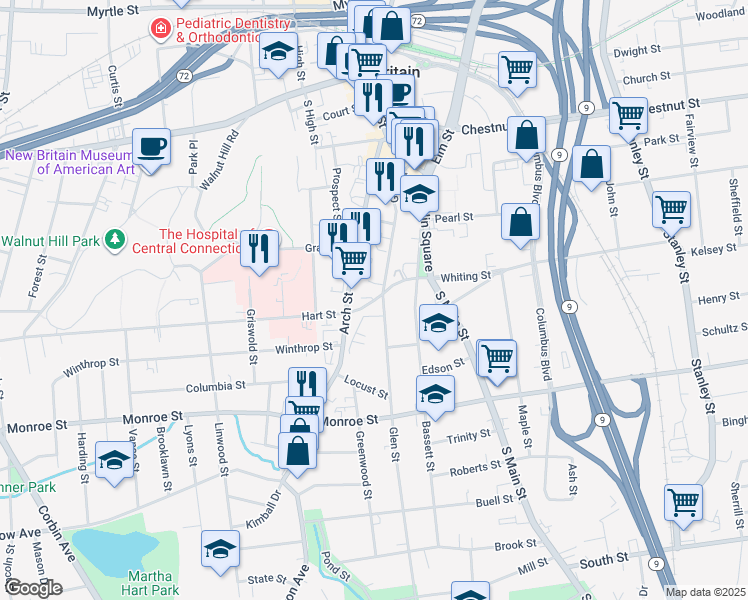map of restaurants, bars, coffee shops, grocery stores, and more near 59 Whiting Street in New Britain