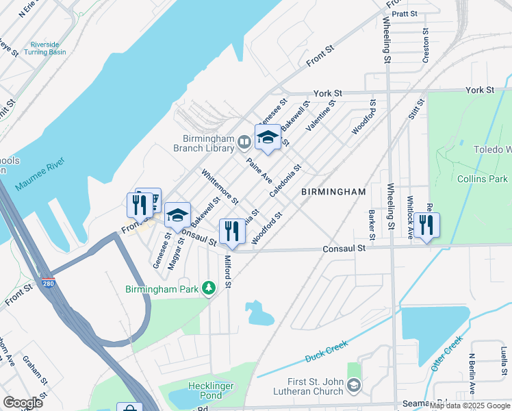 map of restaurants, bars, coffee shops, grocery stores, and more near 2113 Caledonia Street in Toledo