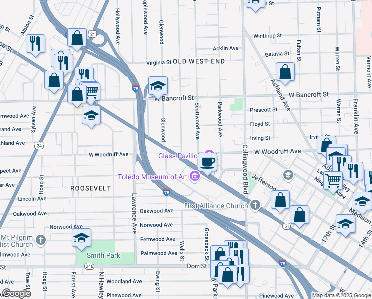 map of restaurants, bars, coffee shops, grocery stores, and more near 2006 Robinwood Avenue in Toledo