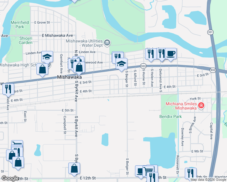 map of restaurants, bars, coffee shops, grocery stores, and more near 250-298 South Virgil Street in Mishawaka