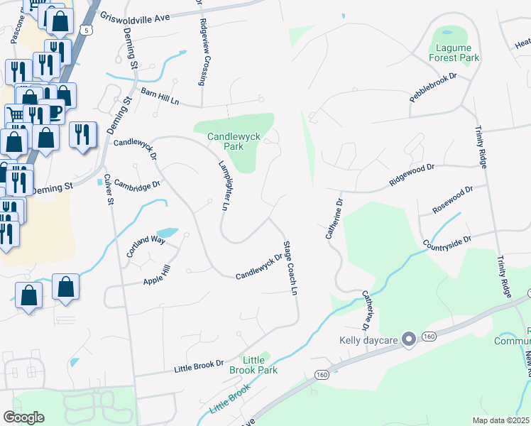 map of restaurants, bars, coffee shops, grocery stores, and more near 288 Lamplighter Lane in Newington