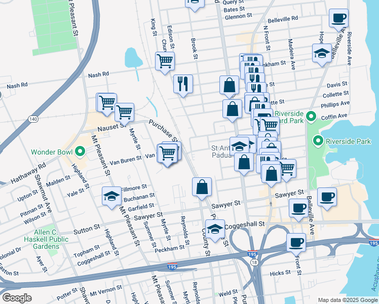 map of restaurants, bars, coffee shops, grocery stores, and more near 217 Deane Street in New Bedford