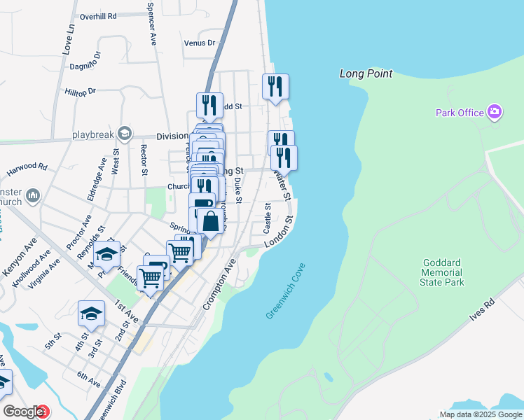 map of restaurants, bars, coffee shops, grocery stores, and more near 2 Castle Street in East Greenwich