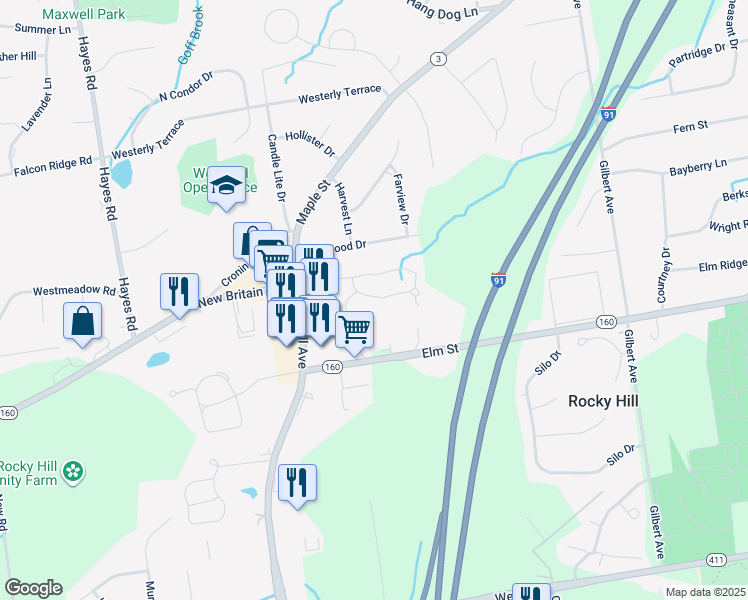 map of restaurants, bars, coffee shops, grocery stores, and more near 76 Copper Beech Drive in Rocky Hill