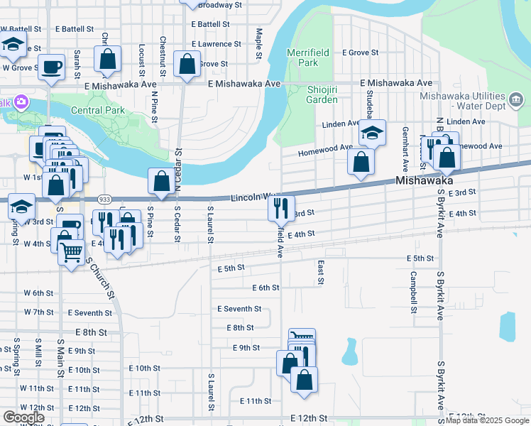 map of restaurants, bars, coffee shops, grocery stores, and more near 855 Lincolnway East in Mishawaka