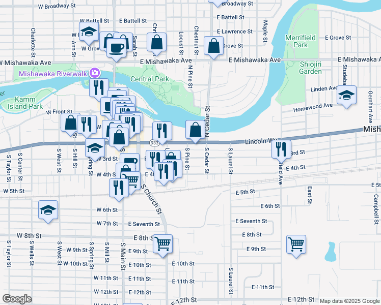 map of restaurants, bars, coffee shops, grocery stores, and more near 501 Lincolnway East in Mishawaka