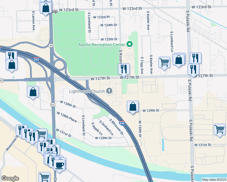 map of restaurants, bars, coffee shops, grocery stores, and more near 12738 South Kenneth Avenue in Alsip
