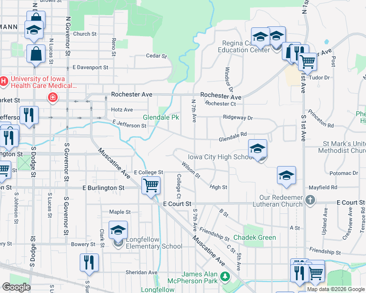 map of restaurants, bars, coffee shops, grocery stores, and more near 11 South 7th Avenue in Iowa City