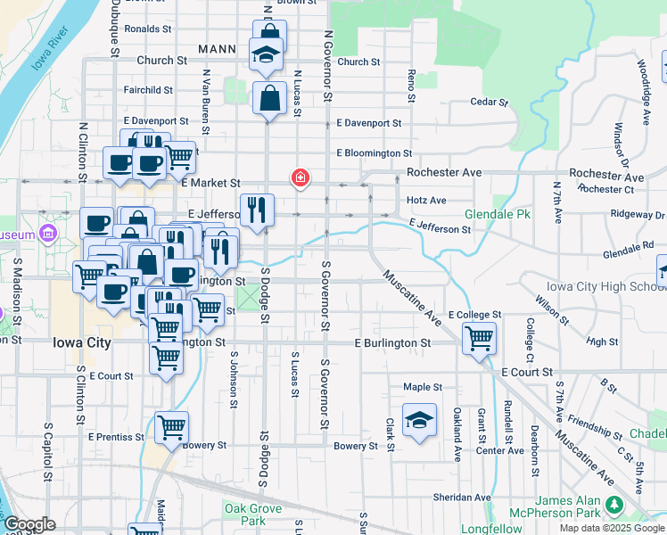map of restaurants, bars, coffee shops, grocery stores, and more near 903 Iowa Avenue in Iowa City