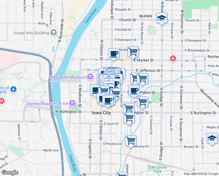 map of restaurants, bars, coffee shops, grocery stores, and more near 4 South Dubuque Street in Iowa City