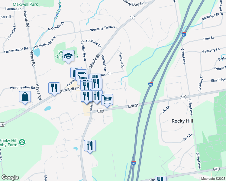 map of restaurants, bars, coffee shops, grocery stores, and more near 76 Copper Beech Drive in Rocky Hill