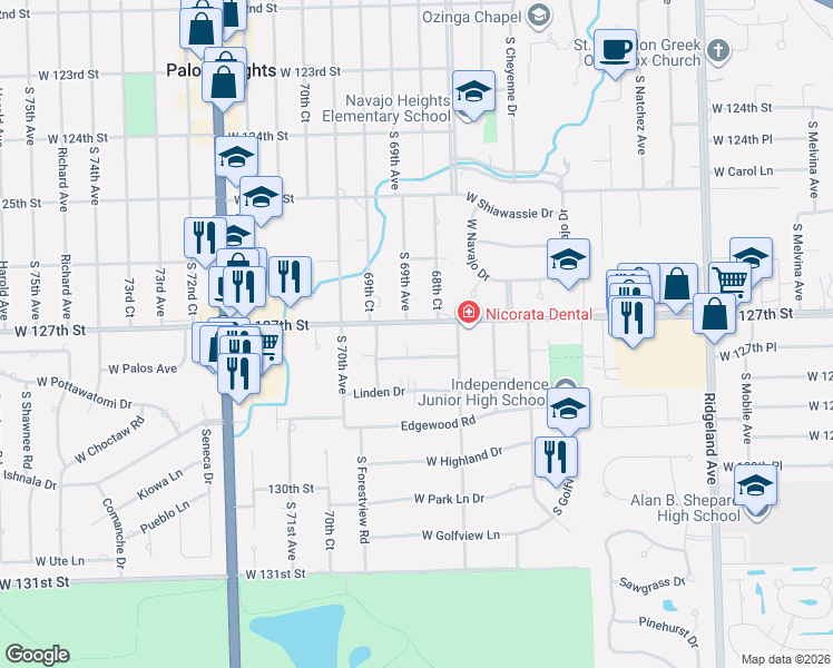 map of restaurants, bars, coffee shops, grocery stores, and more near 12661 South 69th Avenue in Palos Heights