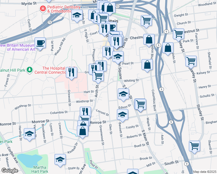 map of restaurants, bars, coffee shops, grocery stores, and more near 166 Glen Street in New Britain