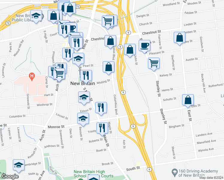 map of restaurants, bars, coffee shops, grocery stores, and more near 403 Columbus Boulevard in New Britain