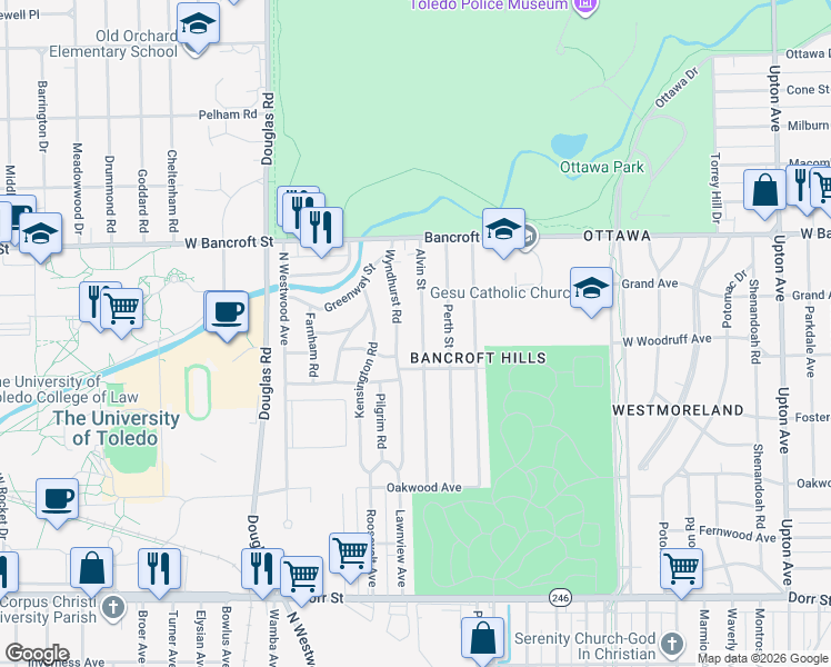 map of restaurants, bars, coffee shops, grocery stores, and more near 2051 Alvin Street in Toledo