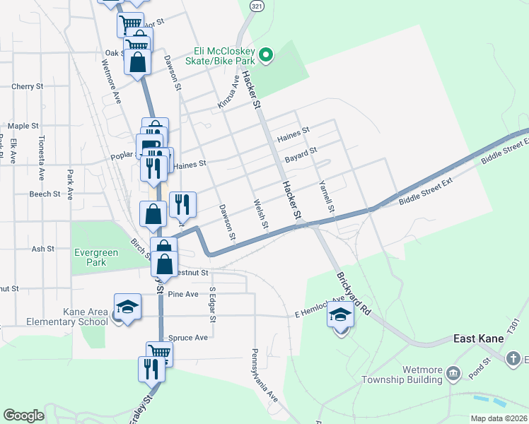map of restaurants, bars, coffee shops, grocery stores, and more near 300-398 Greeves Street in Kane