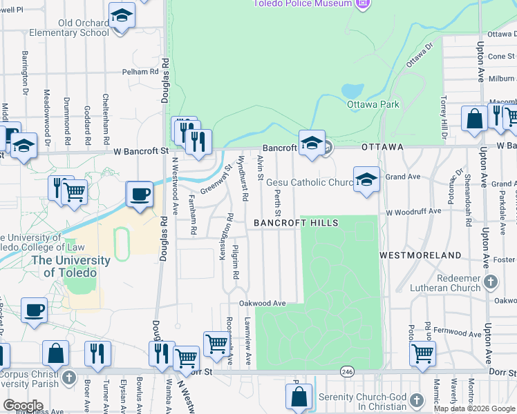 map of restaurants, bars, coffee shops, grocery stores, and more near 2051 Alvin Street in Toledo