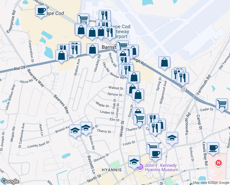 map of restaurants, bars, coffee shops, grocery stores, and more near 171 Locust Street in Barnstable