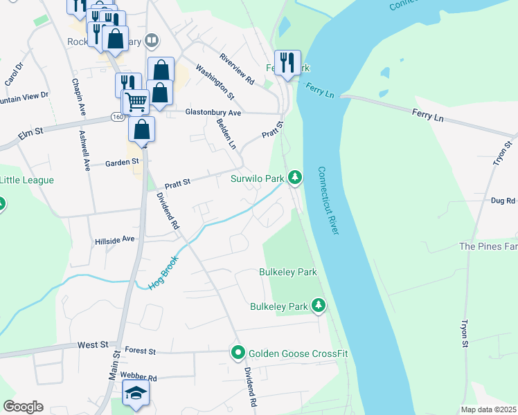 map of restaurants, bars, coffee shops, grocery stores, and more near 75 Brookwood Drive in Rocky Hill