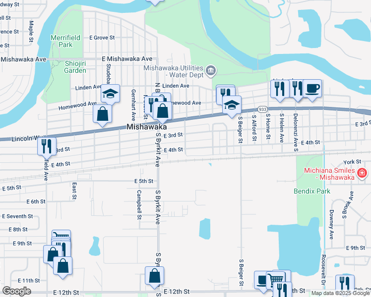 map of restaurants, bars, coffee shops, grocery stores, and more near 299 S Victoria St in Mishawaka