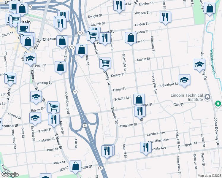 map of restaurants, bars, coffee shops, grocery stores, and more near 465 Stanley Street in New Britain
