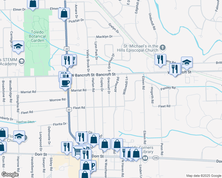 map of restaurants, bars, coffee shops, grocery stores, and more near 2026 Grecourt Drive in Toledo