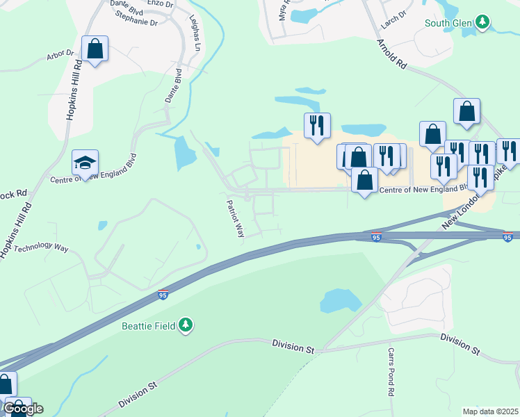 map of restaurants, bars, coffee shops, grocery stores, and more near 4225 Patriot Way in West Greenwich