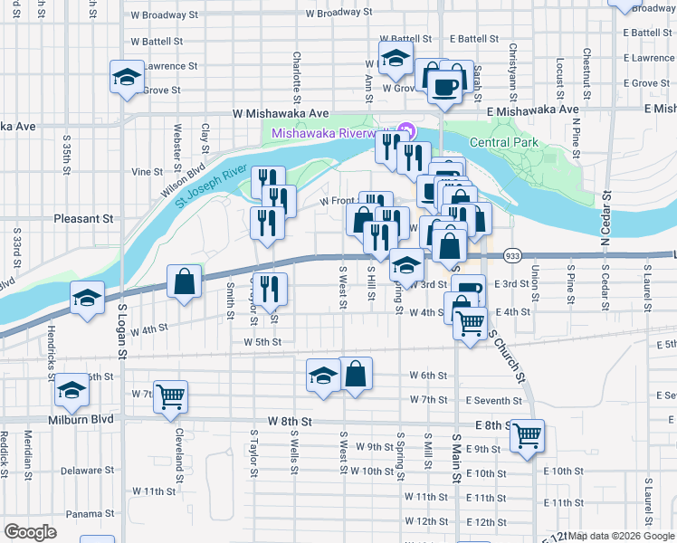 map of restaurants, bars, coffee shops, grocery stores, and more near in Mishawaka