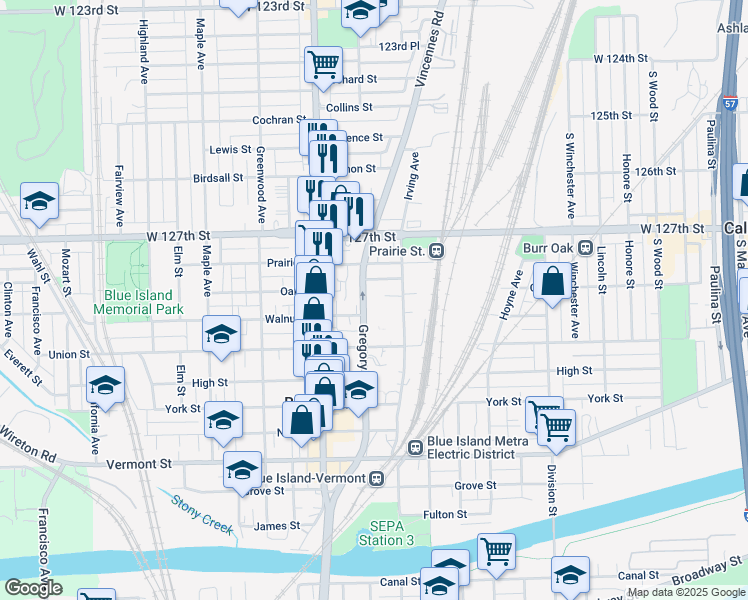 map of restaurants, bars, coffee shops, grocery stores, and more near 12757 Gregory Street in Blue Island