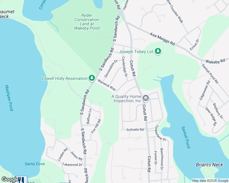 map of restaurants, bars, coffee shops, grocery stores, and more near 46 Warwick Way in Mashpee