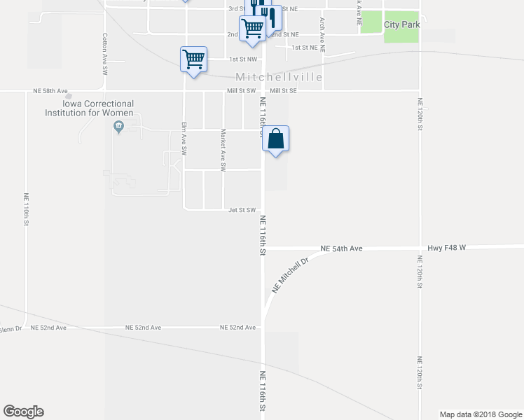 map of restaurants, bars, coffee shops, grocery stores, and more near 100 Jet Street Southwest in Mitchellville