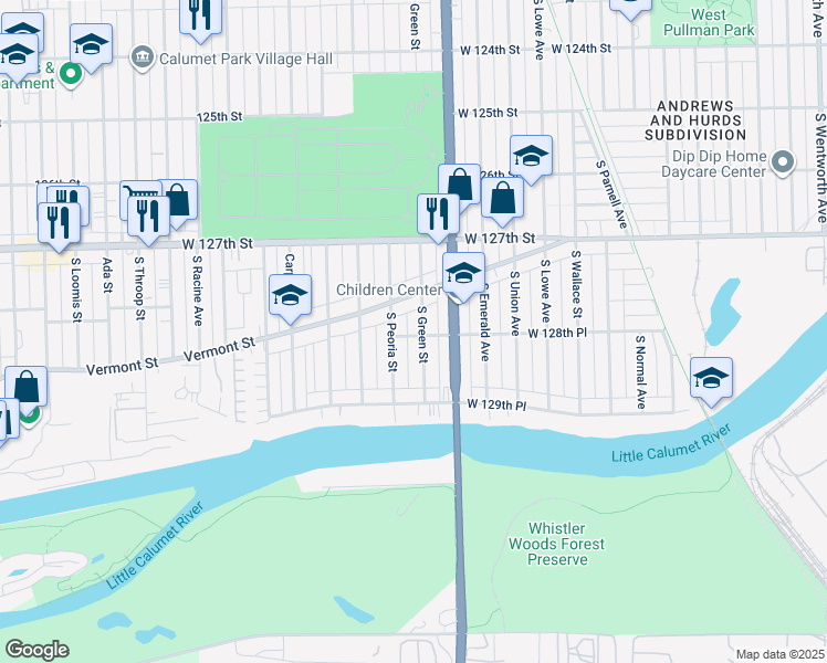 map of restaurants, bars, coffee shops, grocery stores, and more near 12838 South Green Street in Chicago