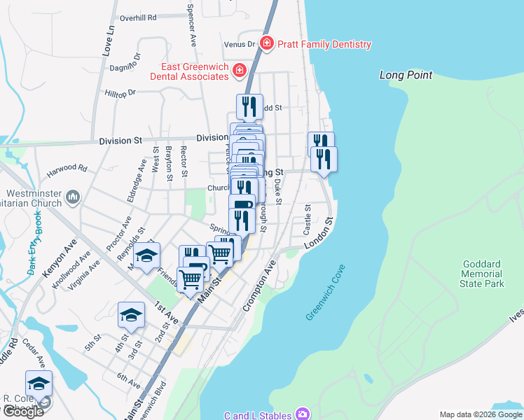 map of restaurants, bars, coffee shops, grocery stores, and more near 10 Queen Street in East Greenwich