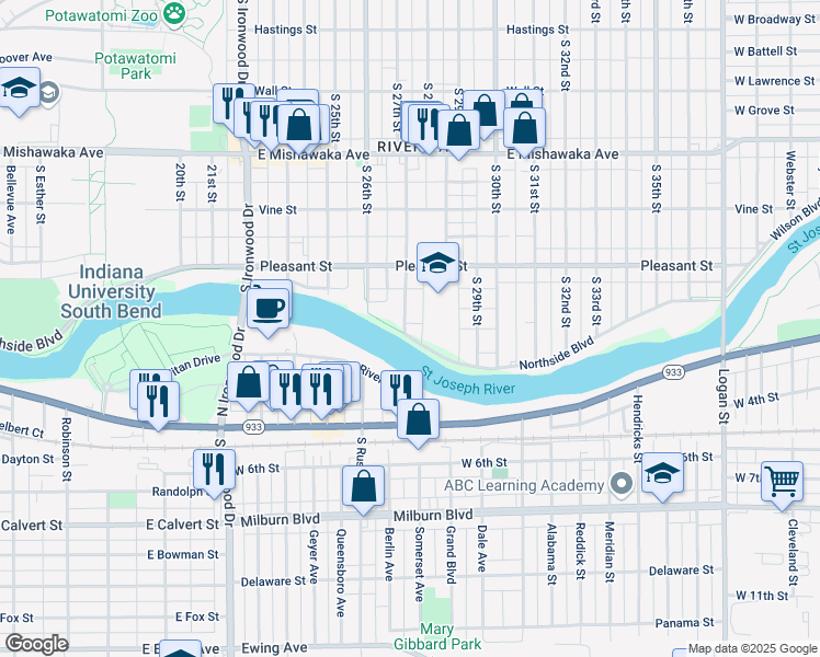 map of restaurants, bars, coffee shops, grocery stores, and more near 1233 South 28th Street in South Bend